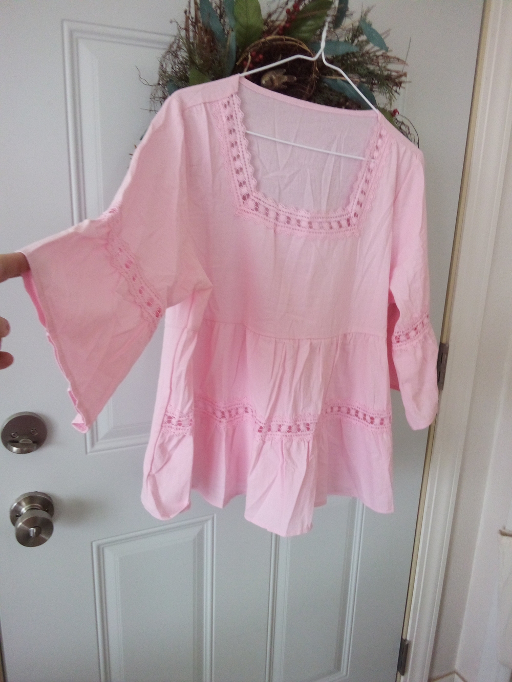 Light Pink Boho Peasant Tunic with Crochet Trim